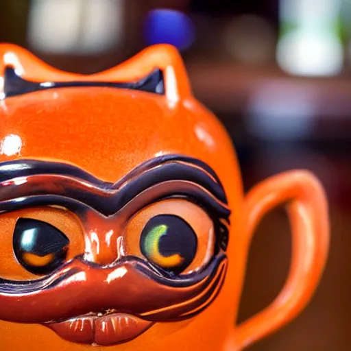 Image similar to a closeup photorealistic photograph of a glossy orange cat garfield style tiki mug sitting at a trader vic's beach bar featuring garfield's face. tiki theme. bright scene. fine detail. this 4 k hd image is trending on artstation, featured on behance, well - rendered, extra crisp, features intricate detail, epic composition and the style of unreal engine.