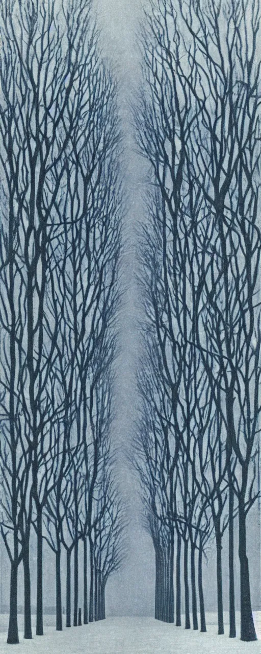 Prompt: University of Michigan campus on a Winter night by Rene Magritte. Long surreal shadows. Blue.