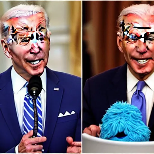 Image similar to joe biden argues with the cookie monster from sesame street