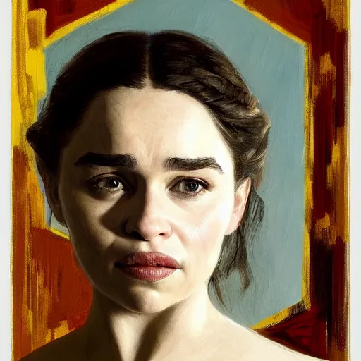 Prompt: Emilia Clarke as a Queen portrait by Pablo Picasso and Greg Rutkowski, oil on canvas, high detail, matte finish, high contrast, 3d depth, masterpiece, vivid colors, artstationhd