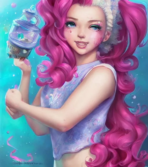 Image similar to humanized pinkie pie throws a party, a plus sized white girl with curly pink hair and freckles, art by stanley lau, artgerm, rossdraws, ross tran, sakimichan, cyarine, beautiful art