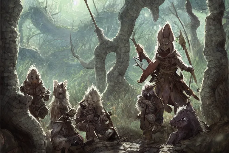 Image similar to dungeons and dragons fantasy painting, platoon of ashigaru mice emerge from the forest, tanegashima, hooded cloaks, whimsical and cute, determined expressions, watery eyes, anime inspired by krenz cushart, brown fur, tufty whiskers, feathered arrows, bamboo forest, dawn lighting, by brian froud jessica rossier and greg rutkowski