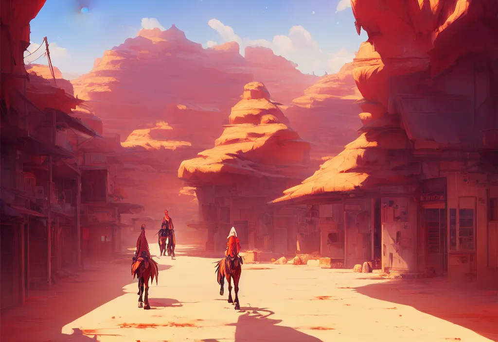 Prompt: small western street in the desert, intricate oil painting, high detail illustration, sharp high detail, manga and anime 1 9 9 9, official fanart behance hd artstation by jesper ejsing and makoto shinkai, 4 k,