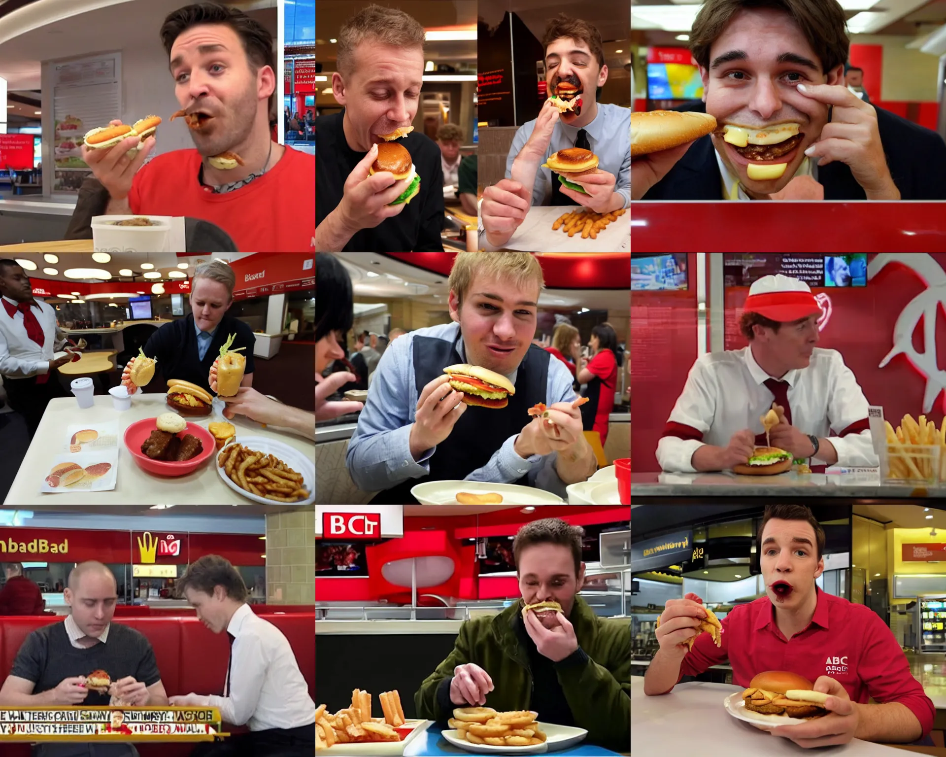 Prompt: bbc news, a horrible man eating hamburger in the macdonald.
