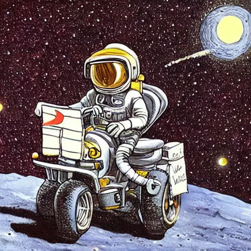 Prompt: painting of monkey wearing tuxedo riding an atv on the moon, jack davis style