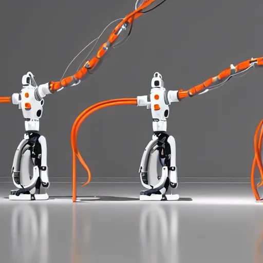 Image similar to three large white glossy kuka industrial robot arms in a gym swinging a jump rope for children, global illumination, artstation, fantasy