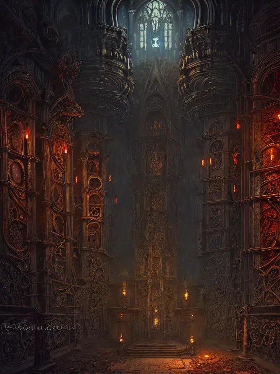 Image similar to steam necropolis, memento mori, gothic, neo - gothic, art nouveau, hyperdetailed copper patina medieval icon, stefan morrell, philippe druillet, ralph mcquarrie, concept art, steampunk, unreal engine, detailed intricate environment, octane render, moody atmospherics, volumetric lighting, ultrasharp, ominous, otherworldly