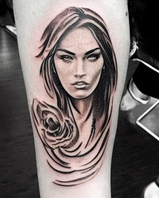 Image similar to creative double exposure effect tattoo design sketch of megan fox faded in beautiful mountain scenery, realism tattoo, in the style of matteo pasqualin, amazing detail, sharp