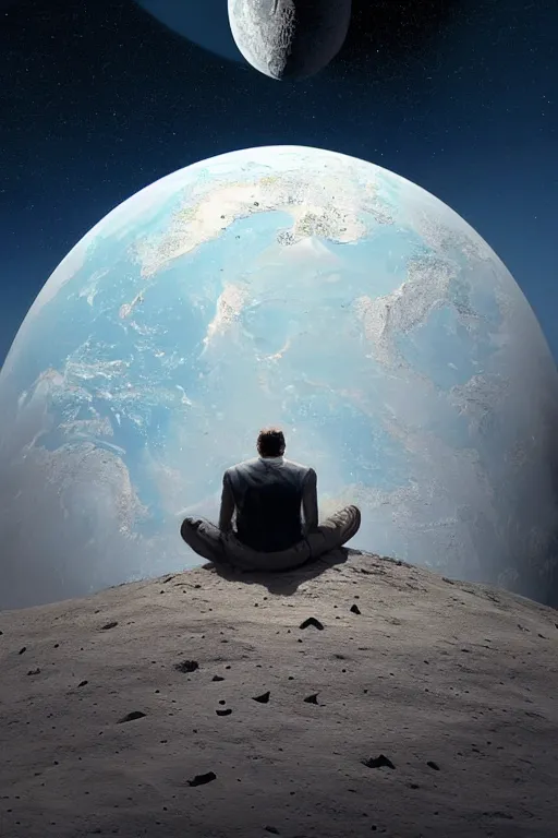 Image similar to Man sitting on the moon with a view of the earth in the background, elegant, digital painting, highly detailed, artstation, concept art, smooth, sharp focus, illustration, art by artgerm and greg rutkowski.