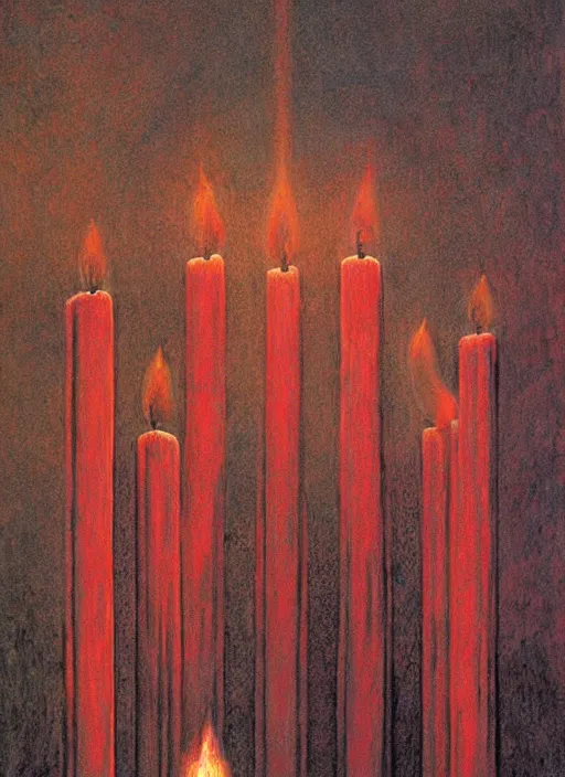 Prompt: realistic painting of a red candle with a mystical flame decorated like a gothic cathedral, art by johfra bosschart, william blake, wayne barlowe, zdzisław beksinski, high quality, no blur