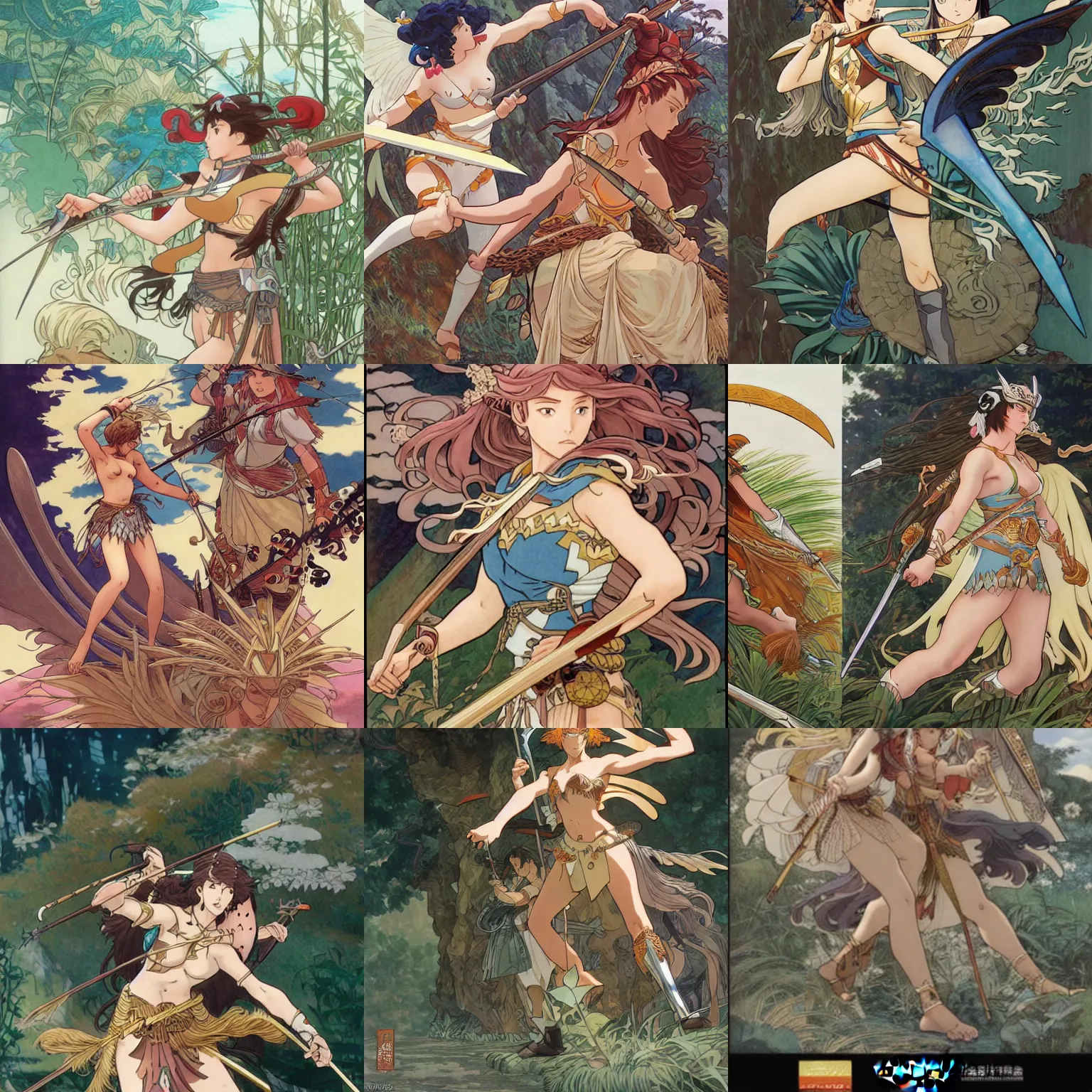 Prompt: A duel between an Amazon and a Valkyrie, fantasy, D&D, detailed, artstation, by Kyoto Animation and Studio Ghibli, by Yoshitoshi ABe and Range Murata and Alphonse Mucha