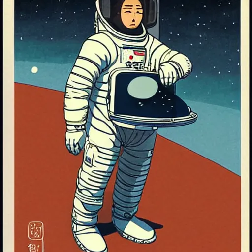 Image similar to An astronaut in space, in the style of kawase hasui