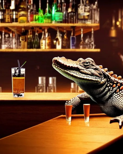 Prompt: a photo of an alligator serving drinks at a bar, fine - face, realistic shaded, fine details. realistic shaded lighting, artgerm, trending on art station