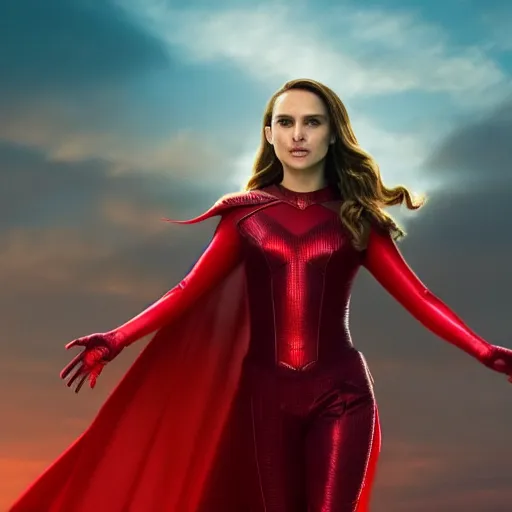 Image similar to Natalie Portman as scarlet witch from MCU, highly detailed, 8K HDR, sunset.