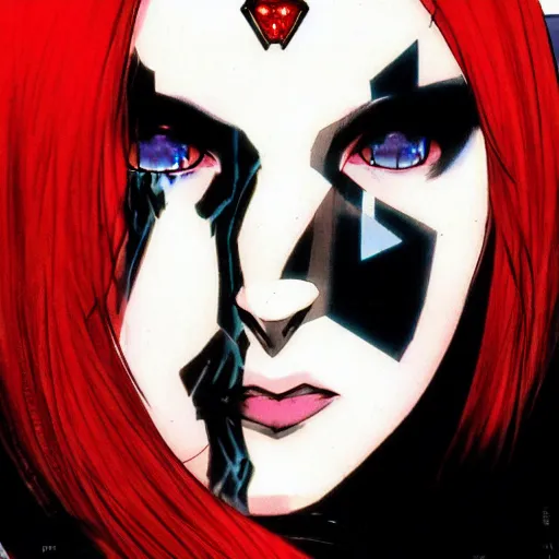 Image similar to beautiful pale - skinned goth girl with a red diamond on her forehead, yoji shinkawa