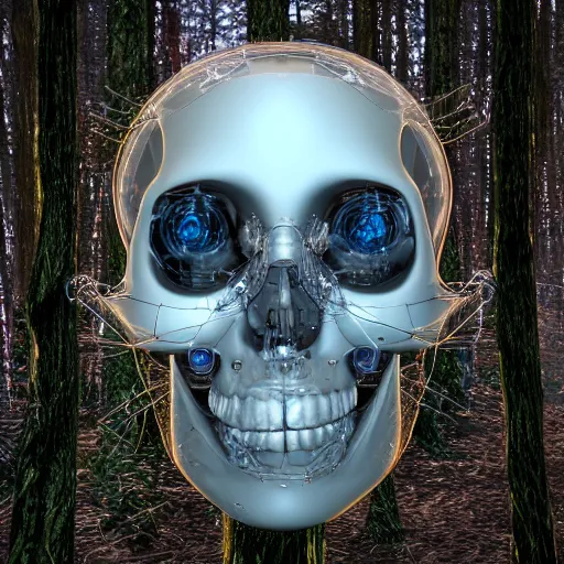 Prompt: very detailed portrait 55mm photo of a mechanical head without skin, with crystal bones and optic fiber nerves, gears in his head and cybernetic enhancements in it's transparent skull. Has cameras for eyes. In the forest with bokeh. Ray tracing and tessellation. Very sharp high detailed 8k image