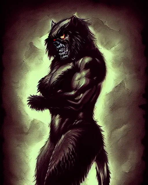 Image similar to in the style of artgerm, steve niles, rafael albuquerque, large hairy werewolf in a shopping mall at night, moody lighting, horror scary terror