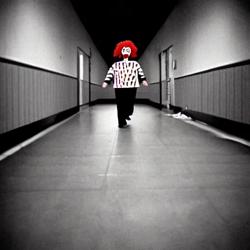 Prompt: A creepy photo of Ronald McDonald chasing you in an empty hallway, disposable film