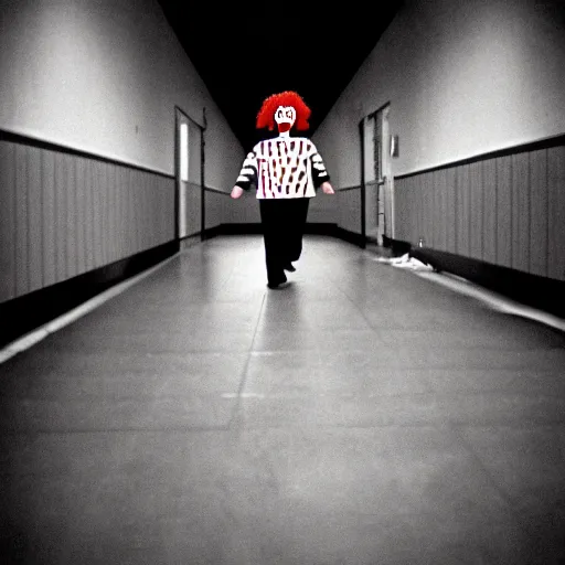 Image similar to A creepy photo of Ronald McDonald chasing you in an empty hallway, disposable film