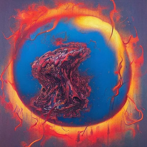 Image similar to a sphere being devoured by abstract splatters of paint in the style of francis bacon, venus being engulfed in flames in the style of james jean, surreal, beksinski, high detailed