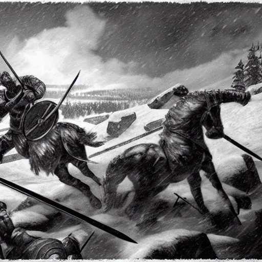 Image similar to ultra realistic leonidas i of sparta and richard the lionheart have a final duel on the snowy peaks, a blizzard is occurring, detailed