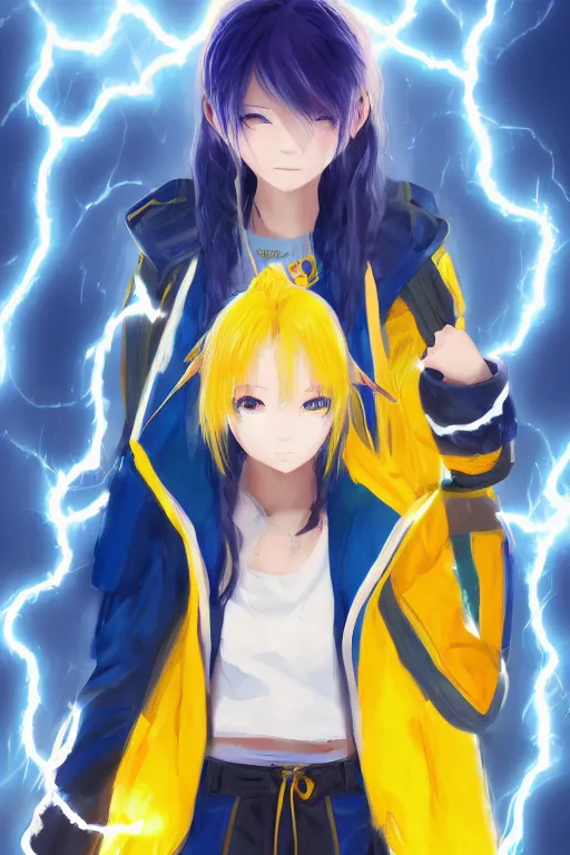 Image similar to anime young girl with yellow ponytail and blue hairtie wearing white and blue long jacket in a confident stance surrounded by lightning streaks, wlop, concept art, digital painting, trending on artstation, highly detailed, epic composition, 8 k uhd