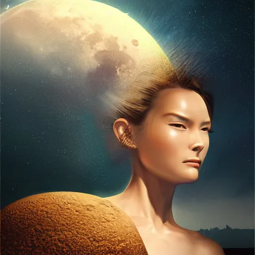 Prompt: 3 d, sci - fi, cinematic, night, moon, smiling fashion model face, moon rays, clouds, vogue cover style, realistic painting, intricate oil painting, high detail illustration, figurative art, multiple exposure, poster art, 3 d, by tooth wu and wlop and beeple and greg rutkowski