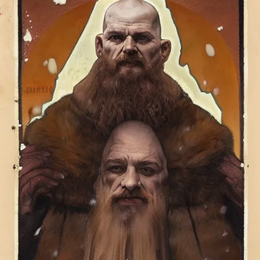Prompt: portrait of bald, elderly Slavic Viking priest wearing thick furs and standing tall in the blizzard, with fading tattoos covering every inch of exposed skin, portrait by Anato Finnstark, Alphonse Mucha, and Greg Rutkowski