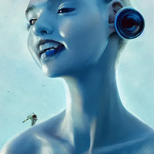 Prompt: 3 d, sci - fi, close - up, morning, smiling fashion model face, sun, cinematic, clouds, sun rays, vogue cover style, poster art, blue mood, realistic painting, intricate oil painting, high detail illustration, figurative art, multiple exposure, poster art, 3 d, by tooth wu and wlop and beeple and greg rutkowski