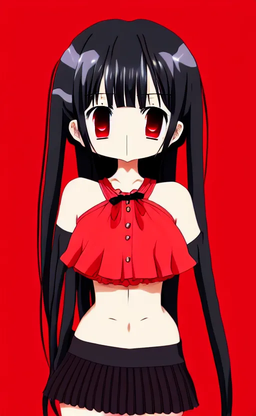 Image similar to anime girl with a detailed face and black hair in a red outfit, full body, trending, low angle, worms eye view, illustration,