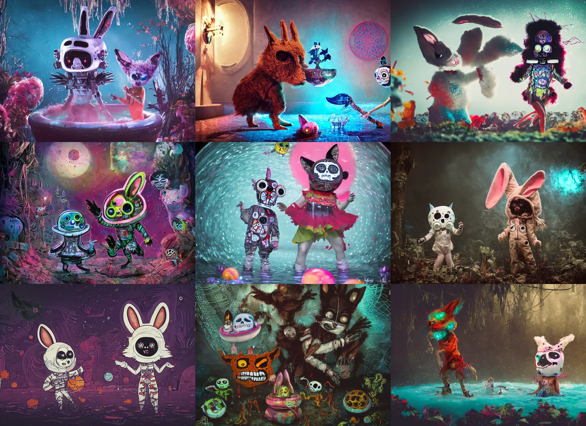 Prompt: evil alien astronaut stalker, a cute fluffy dia de los muertos bunny, her friend the cunning coyote, gleefully dance in a pool of water. dark dance photography, intricate detailed 8 k environment, james jean, nisachar art, mateo dineen, alessandro bavari