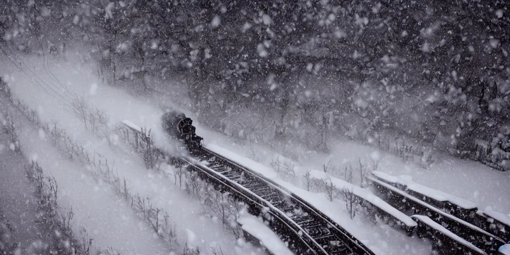 Prompt: a high detail photograph of a heavy steam train in the snow under a blizzard, realism, 4 k, award winning photograph, octane render,, bloom, dramatic lighting, cinematic, high details