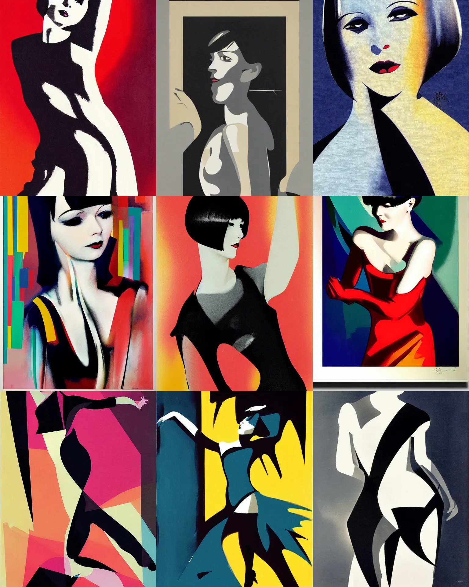 Prompt: full length portrait of 2 0 year old mary louise brooks dancing, shiny bob haircut, dramatic light, abstract art deco, screen print, high contrast, sharp,, painted by ross tran 1 9 2 0 s