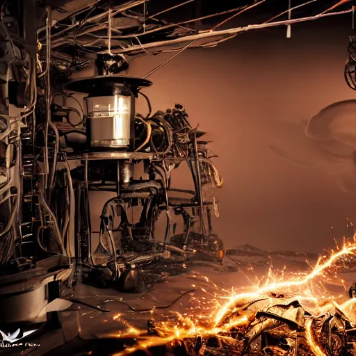 Image similar to overcharging blender, tangles of metallic cables, dark messy smoke - filled cluttered workshop, dark, dramatic lighting, orange tint, sparks, plasma charges, cinematic, highly detailed, sci - fi, futuristic, movie still