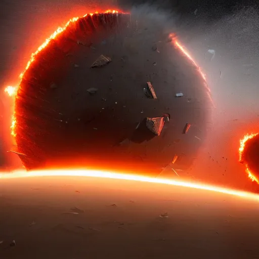 Image similar to planet imploding, debris and dust creating beautiful shapes, magma swirling out, destruction of vulcan, dramatic lighting, volumetric shadows, art station, cg society, paul chadeisson, 4 k