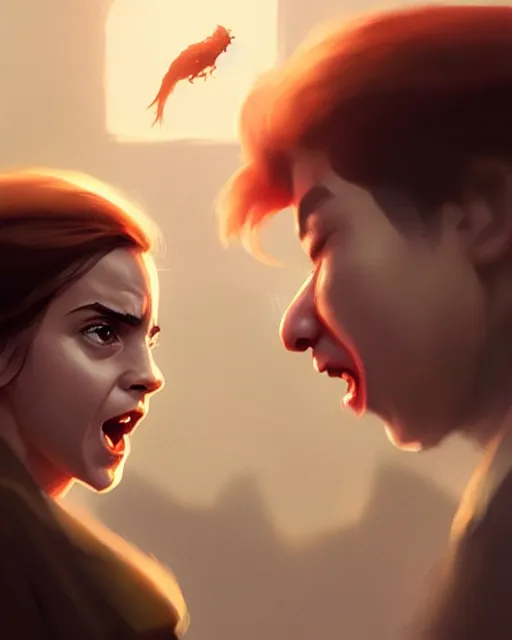 Image similar to emma watson yelling at xi jinping, medium shot close up, details, sharp focus, illustration, by jordan grimmer and greg rutkowski, trending artstation, digital art