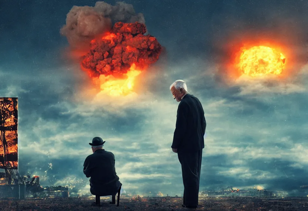 Image similar to old man with ( black cat ) watching nuke explosion cinematic, background blur bokeh, world ending nuke, 4 k