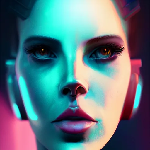 Image similar to portrait of cyborg lana del rey. intricate abstract. intricate artwork cyberpunk by tooth wu, wlop, beeple, dan mumford. octane render, trending on artstation, greg rutkowski ruan jia, cinematic lighting, hyper realism, high detail, octane render, 8 k, key art, blue and pink, iridescent accents