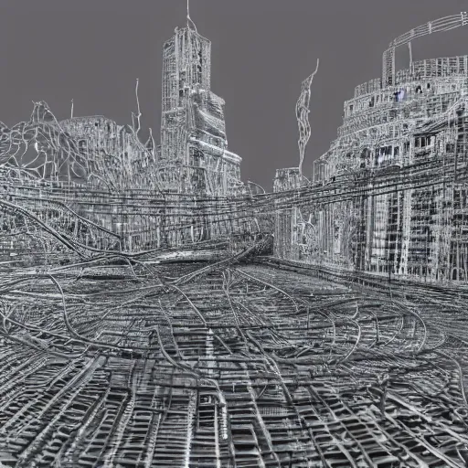 Image similar to photorealistic, hdr, highly detailed, 4 k, city made out of shiny silver wire