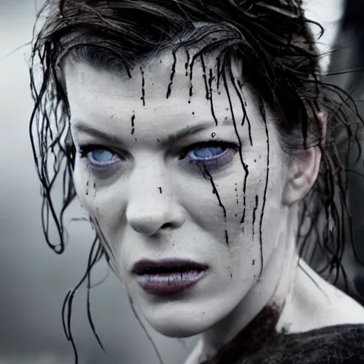 Image similar to cinestill 5 0 d candid photographic portrait by stanley kubrick of milla jovovich wearing rugged black mesh techwear in treacherous waters, flooded city, medium closeup, retrofuturism cyberpunk moody emotional cinematic, pouring iridescent rain, 8 k, hd, high resolution, 3 5 mm, f / 3 2, ultra realistic face, ex machina