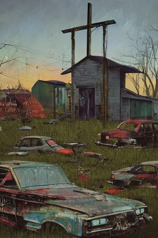 Image similar to scene fromlouisiana swamps, old protestant church with neon cross, junkyard by the road, boy scout troop, voodoo artwork by tim eitel