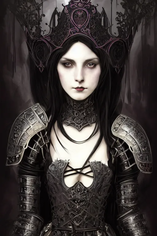 Prompt: beautiful gothic and victorian and luxury and evil young female medieval black armor knight portrait+smoky eyes+front face with light flowing hair, ultradetail face, art and illustration by tian zi and craig mullins and WLOP and alphonse mucha, ssci-fi, fantasy, intricate complexity, human structure, hypermaximalist, fantasy character concept, dynamic lighting, neon light, watermark, blurry, hyperrealism 8k