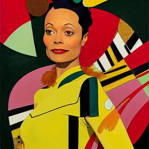 Prompt: art by joshua middleton, a medium shot portrait of the golden creeper, a tall manically smiling yellow - skinned woman with green and black striped cycling shorts and wearing a long red and black striped ostrich feather boa, the actress thandie newton, yellow makeup, mucha, kandinsky, poster, art deco motifs, comic art, stylised design, scarlet feather boa