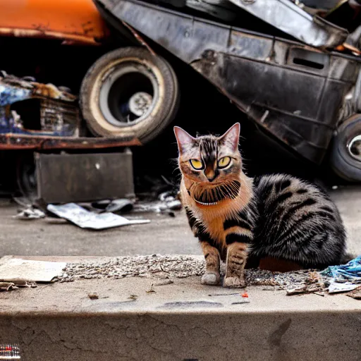 Image similar to donald rumsfeld junk yard cat, photo, detailed, 4 k