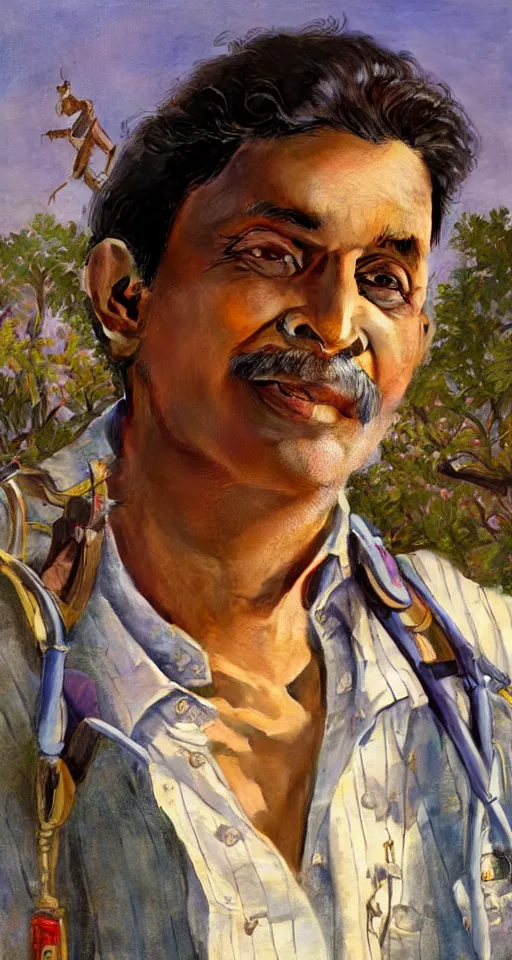 Image similar to close up a beautiful Indian doctor wearing jeans and a shirt in Texas in 2022, sun shining, photo realistic illustration by greg rutkowski, thomas kindkade, alphonse mucha, loish, norman rockwell.