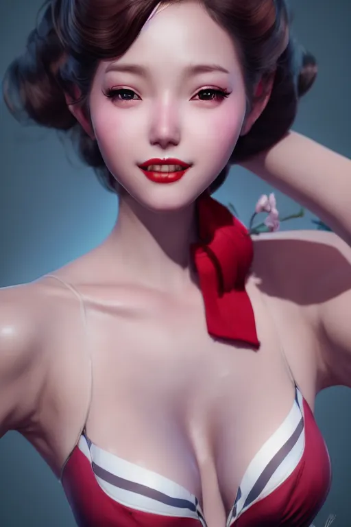 Image similar to a pin up and beautiful fashion and dreamlke girl, charming smile, by artgerm lau, & jeehyung lee & wlop, hyperdetailed, 8 k realistic, symmetrical, frostbite 3 engine, cryengine, dof, trending on artstation, trending on deviantart