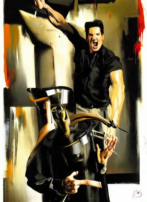 Image similar to zak bagans holding scientific equipment, enraged, painting by phil hale, 'action lines'!!!, graphic style, visible brushstrokes, motion blur, blurry