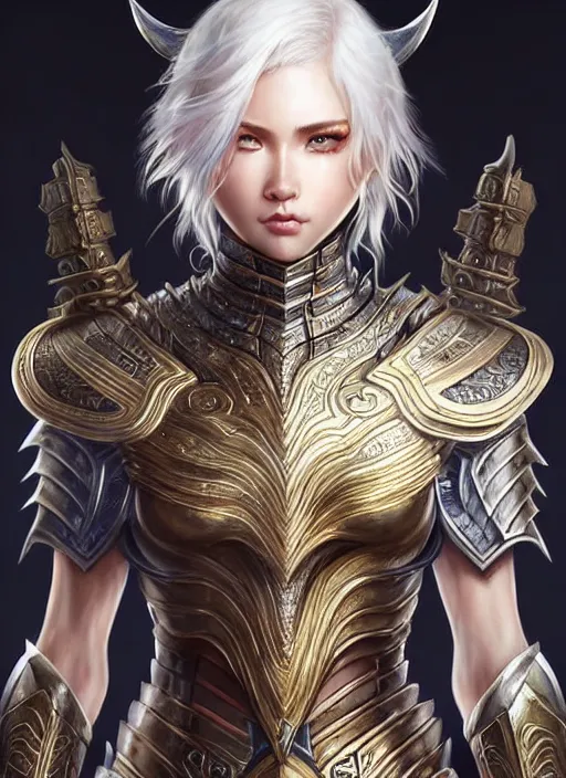 Image similar to warrior, intricate ornate opal heavy armor!!! beautiful and athletic white hair female!! gorgeous face and eyes!! character concept art, sharp focus, octane render! unreal engine 5! highly rendered!! trending on artstation!! detailed linework!! illustration by artgerm, wlop, and chie yoshii