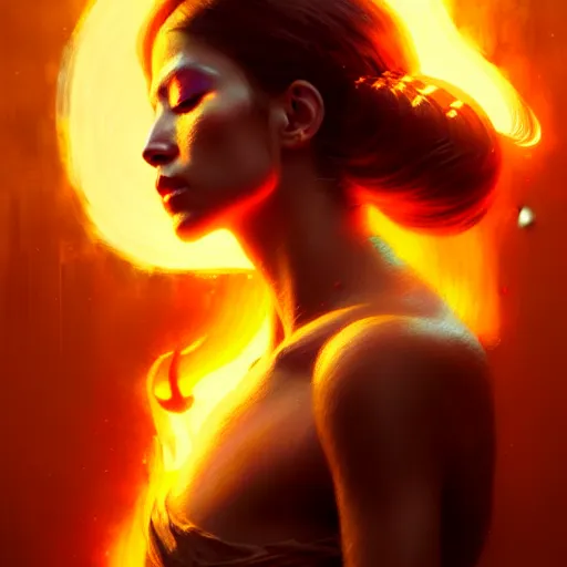 Image similar to a beautiful portrait of a fire goddess with closed eyes by Greg Rutkowski and Raymond Swanland, Trending on Artstation, Flaming Background, ultra realistic digital art