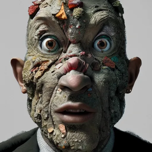 Prompt: Portrait of a man with a face of falling rocks. Claymation. intricate abstract. intricate artwork. nightmare fuel. by Dave McKean. octane render, trending on artstation, greg rutkowski very coherent symmetrical artwork. cinematic, hyper realism, high detail, octane render, 8k, iridescent accents